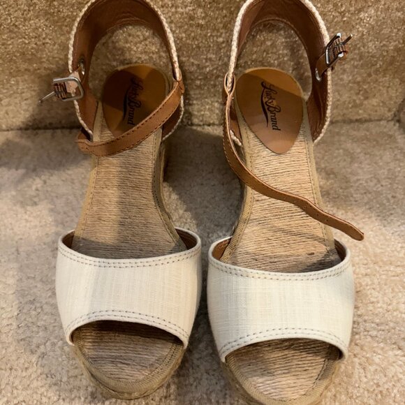 Lucky Brand Kyndra Open Toe Ankle Strap Wedge Sandal/8.5/Natural Soft Linen - Picture 2 of 5